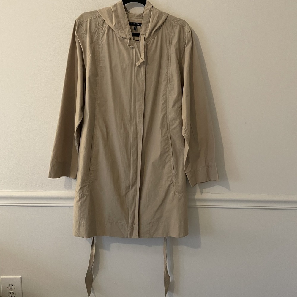 Eileen Fisher Cotton Nylon 2 Way Zip Hooded Jacket‎ Tan Sz M Belted Classic READ